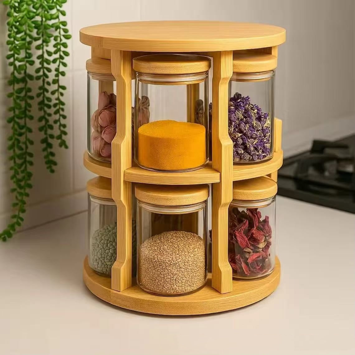 Wooden Rack & Glass Jar Set